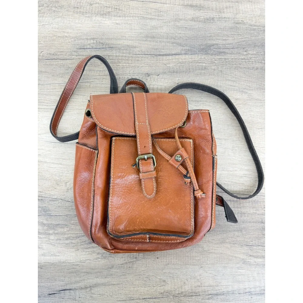 Patricia Nash Cognac Leather Mini Backpack Drawstring Buckle Brown